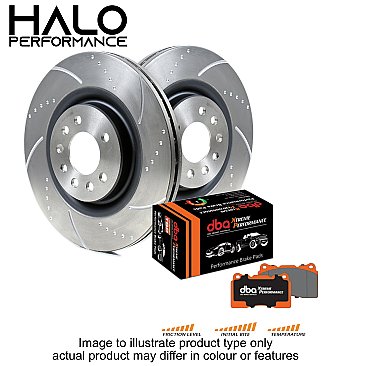 Front DBA Xtreme Pads with Dimpled Grooved Brake Discs to fit Audi S3 Quattro 8V