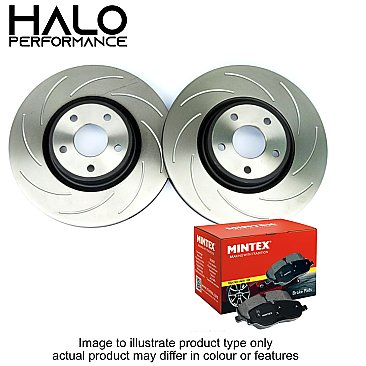 Front Grooved Brake Discs and Mintex Pads to fit Ford Focus RS MK2