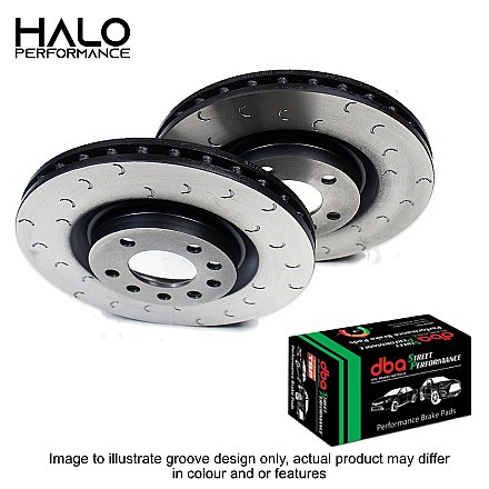 Front DBA Street Performance Brake Pads and C Hook Slotted Brake DIscs to fit Audi S3 Quattro