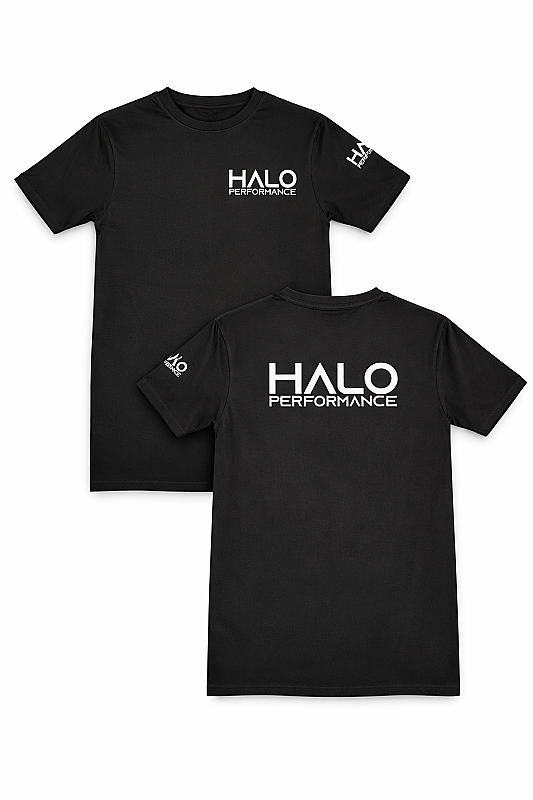 HALO Performance t-shirt black cotton with white text