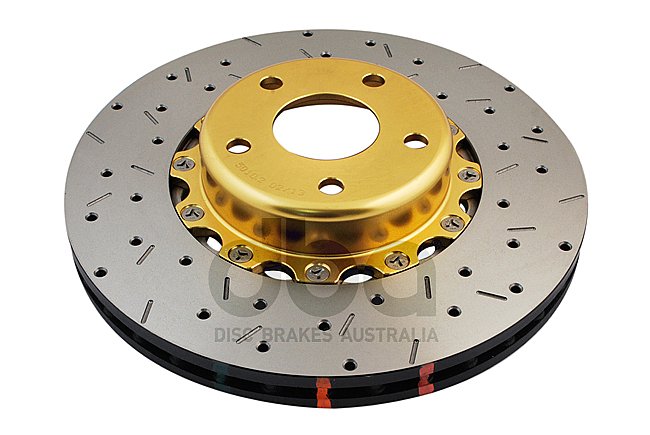DBA 5000 series Crossed Drilled & Slotted 2-Piece Gold Hat Brake Disc 295mm x 25mm Kangaroo Paw DBA5010GLDXS - Front