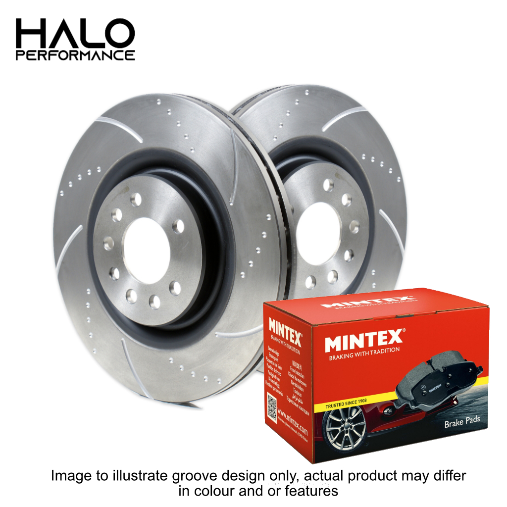 Mini Cooper S Front Brake Discs and Mintex Pads R50 R53 R52 Dimpled Grooved
