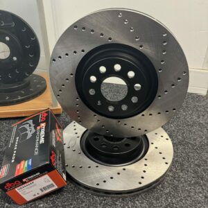 VW Golf R Front Drilled Discs with DBA Xtreme Brake Pads